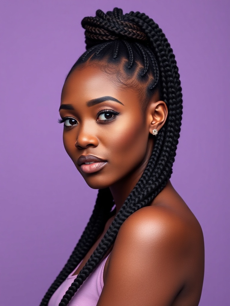 Master braider client wearing box braids in a high ponytail on lavender backdrop